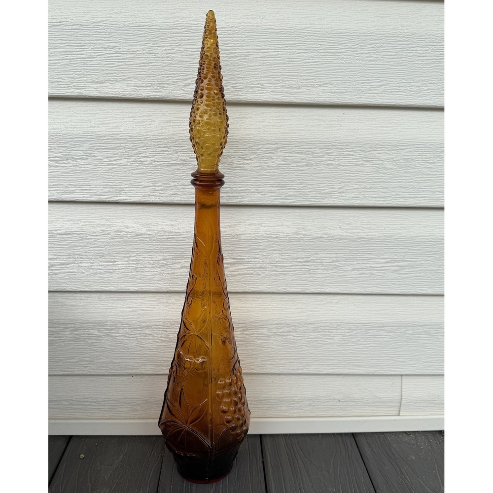 Vintage Empoli Amber Glass Decanter Fruit Grape Embossed Genie Bottle Stopper
